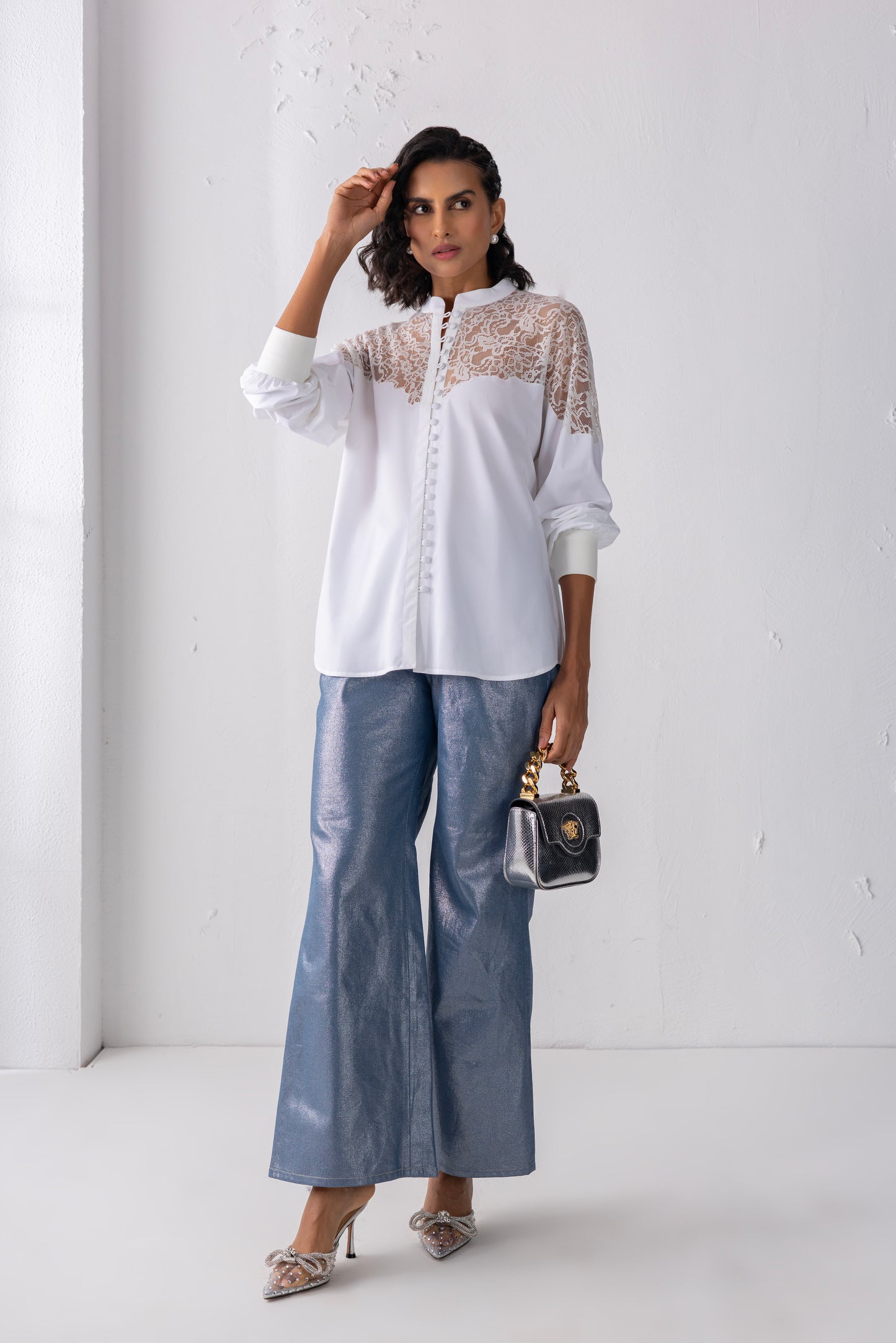 White Balloon Sleeved Loop Button Shirt