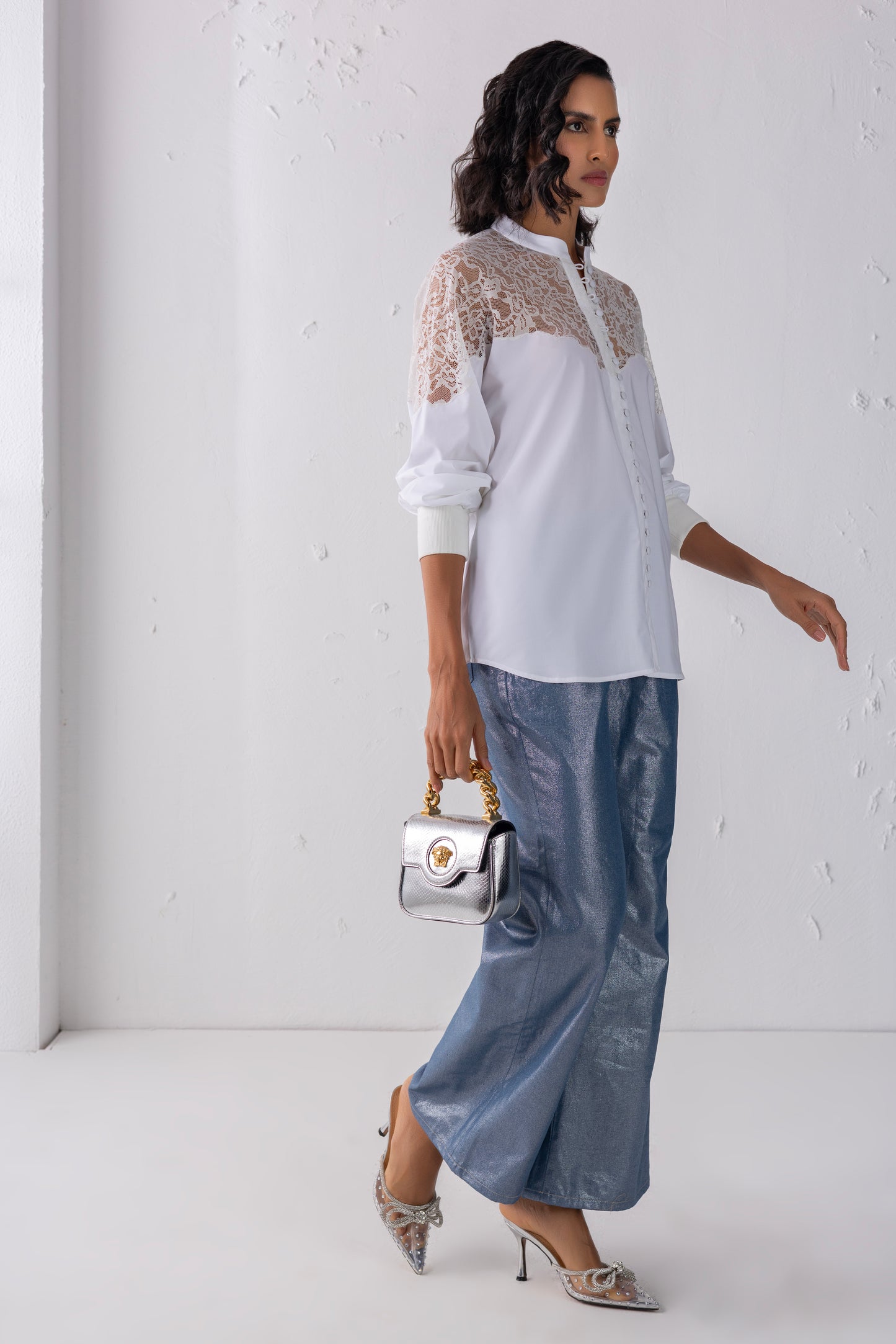 White Balloon Sleeved Loop Button Shirt