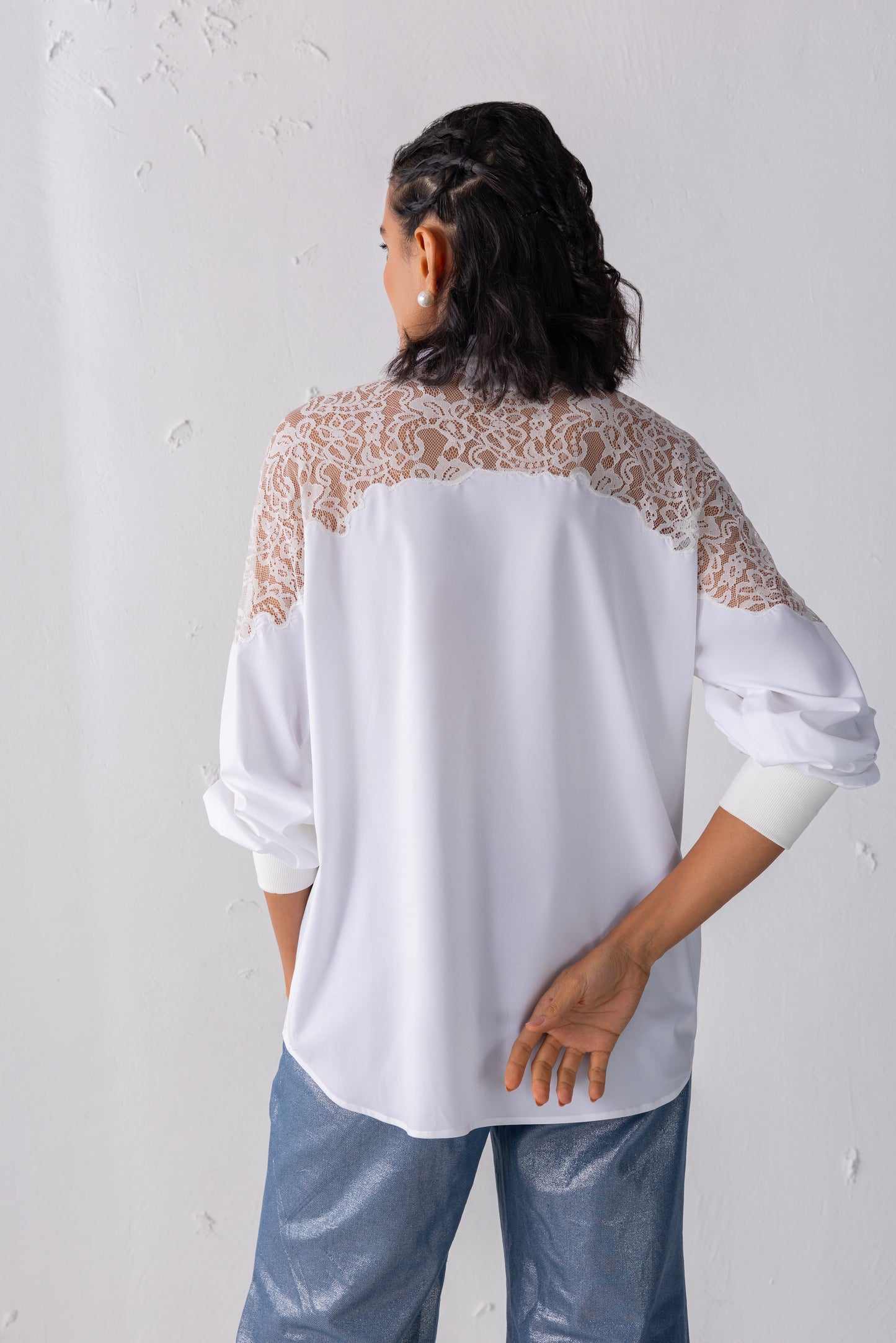 White Balloon Sleeved Loop Button Shirt