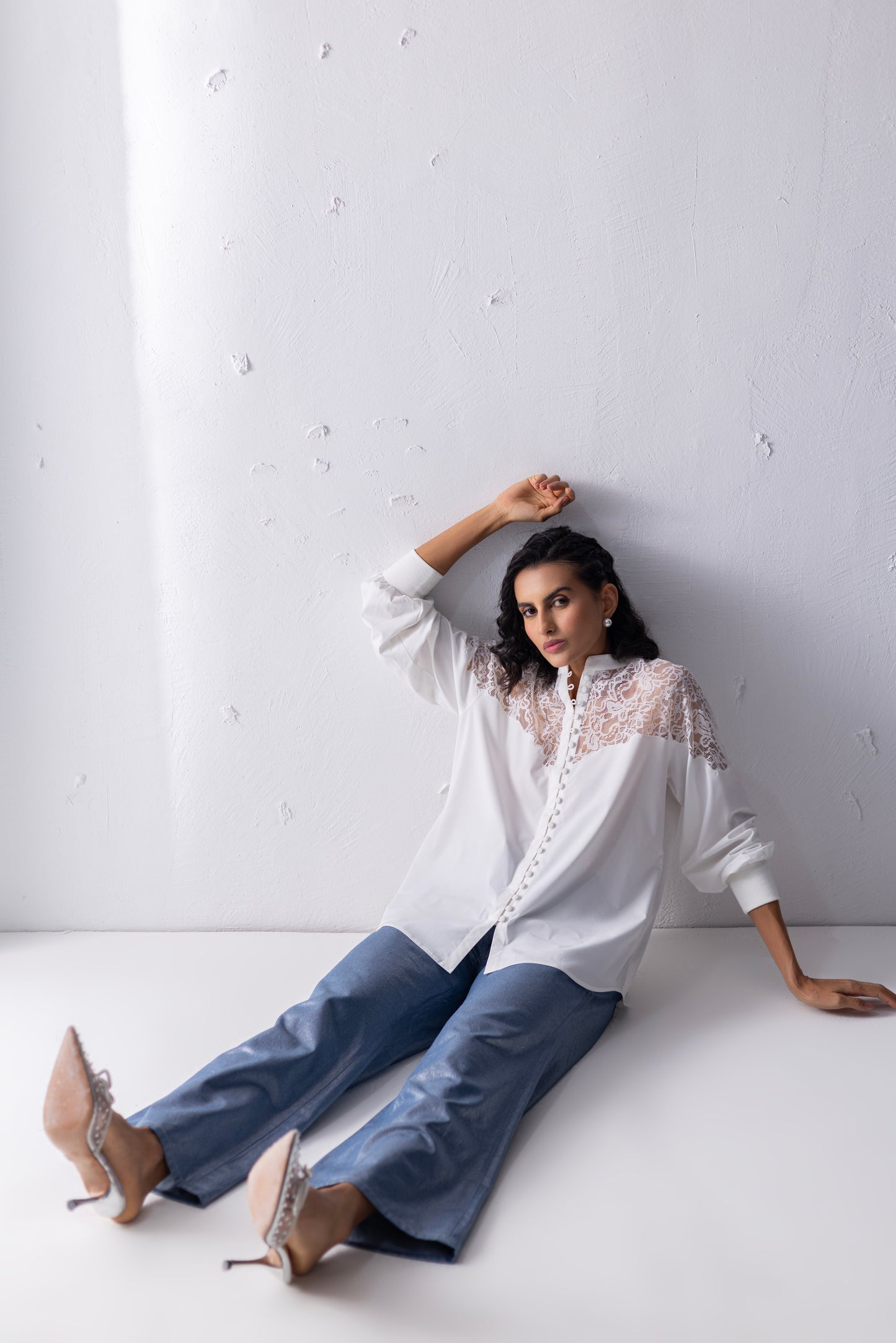 White Balloon Sleeved Loop Button Shirt