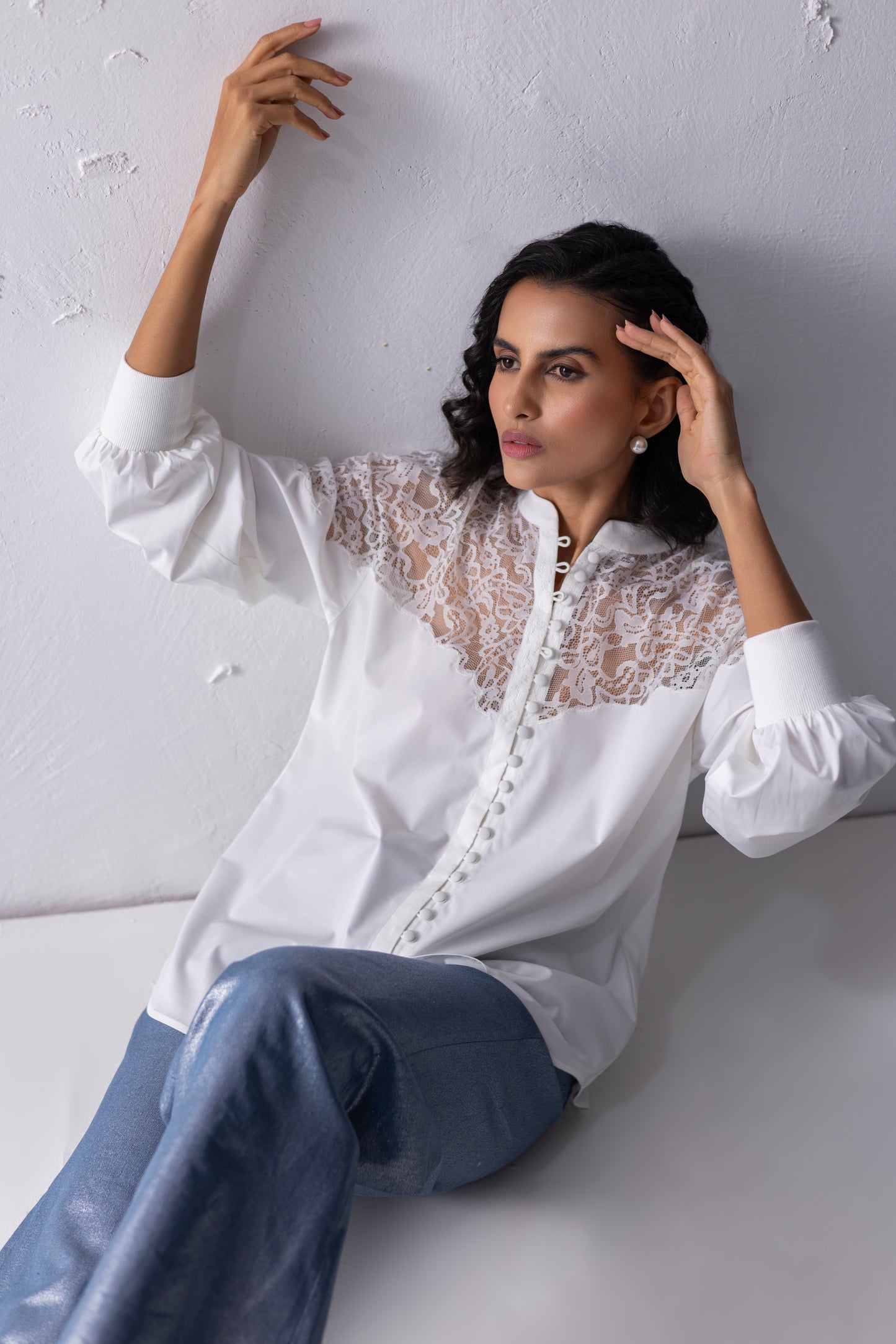 White Balloon Sleeved Loop Button Shirt