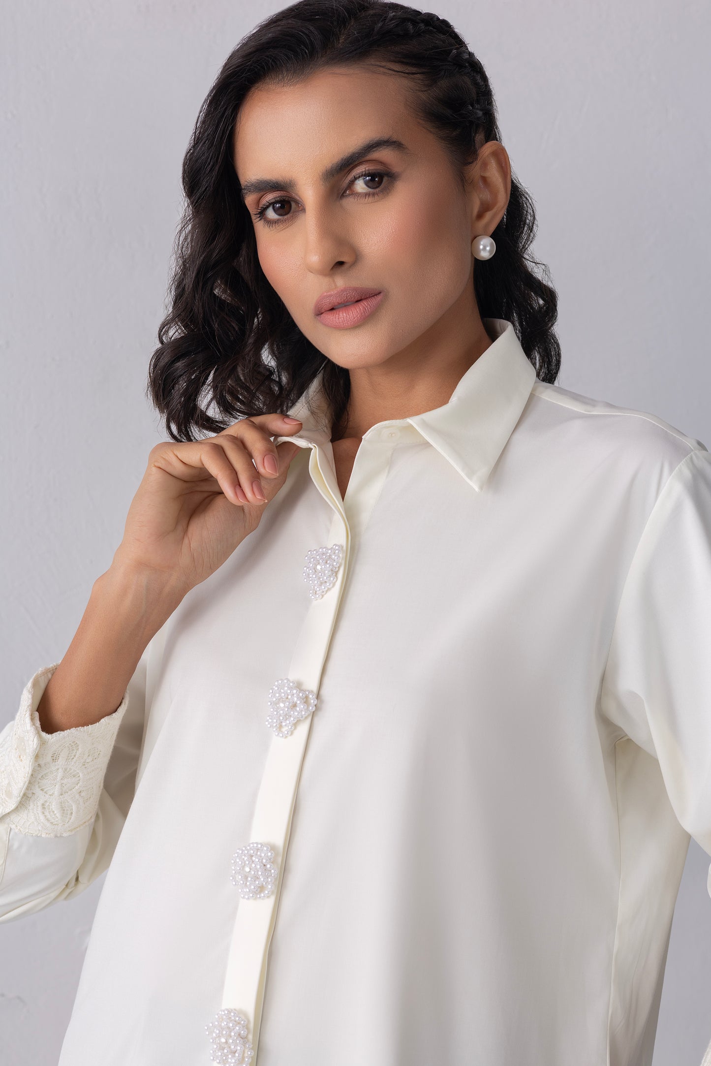 Cream Pearl & Crochet Shirt