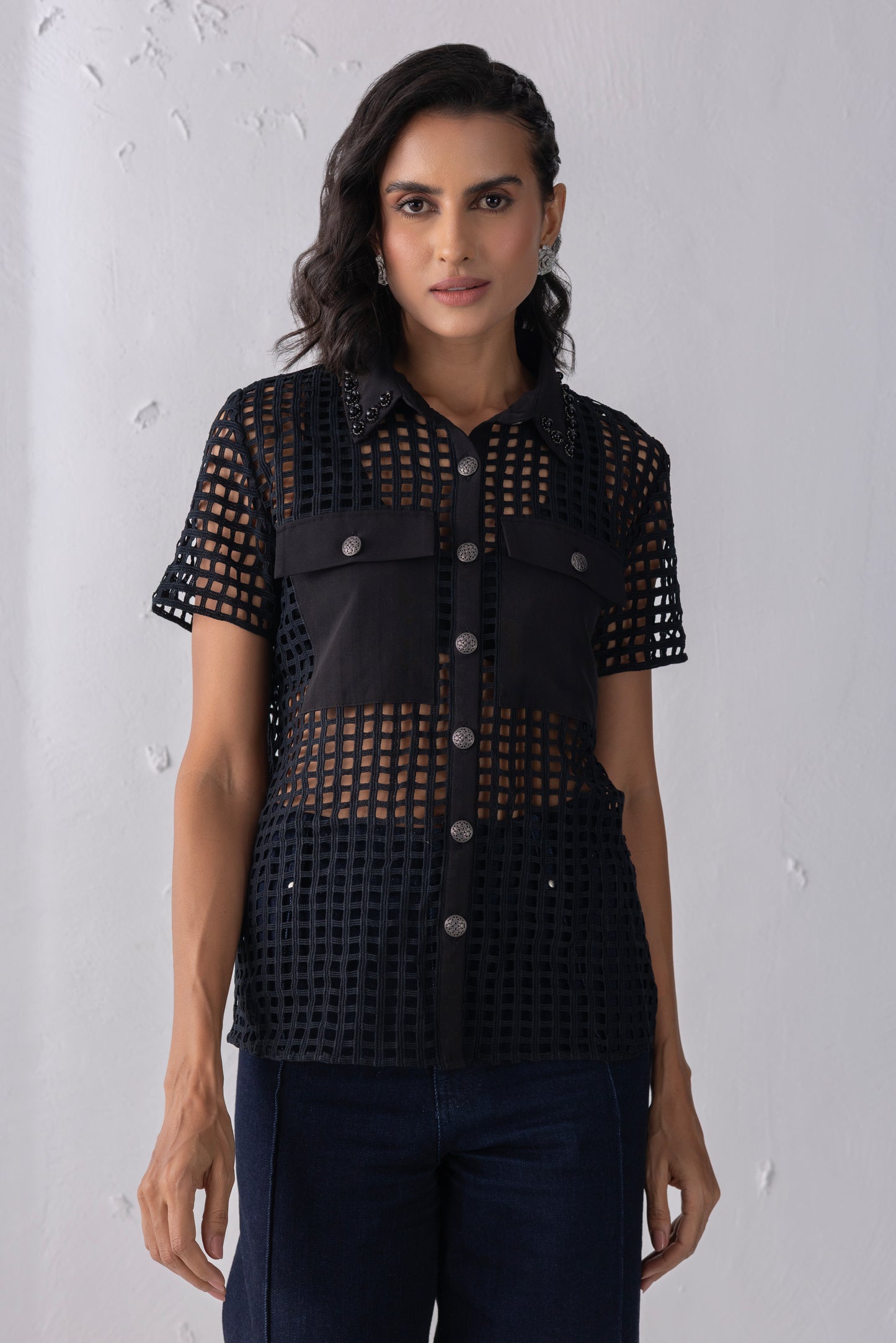 Black Mesh Crochet Shirt