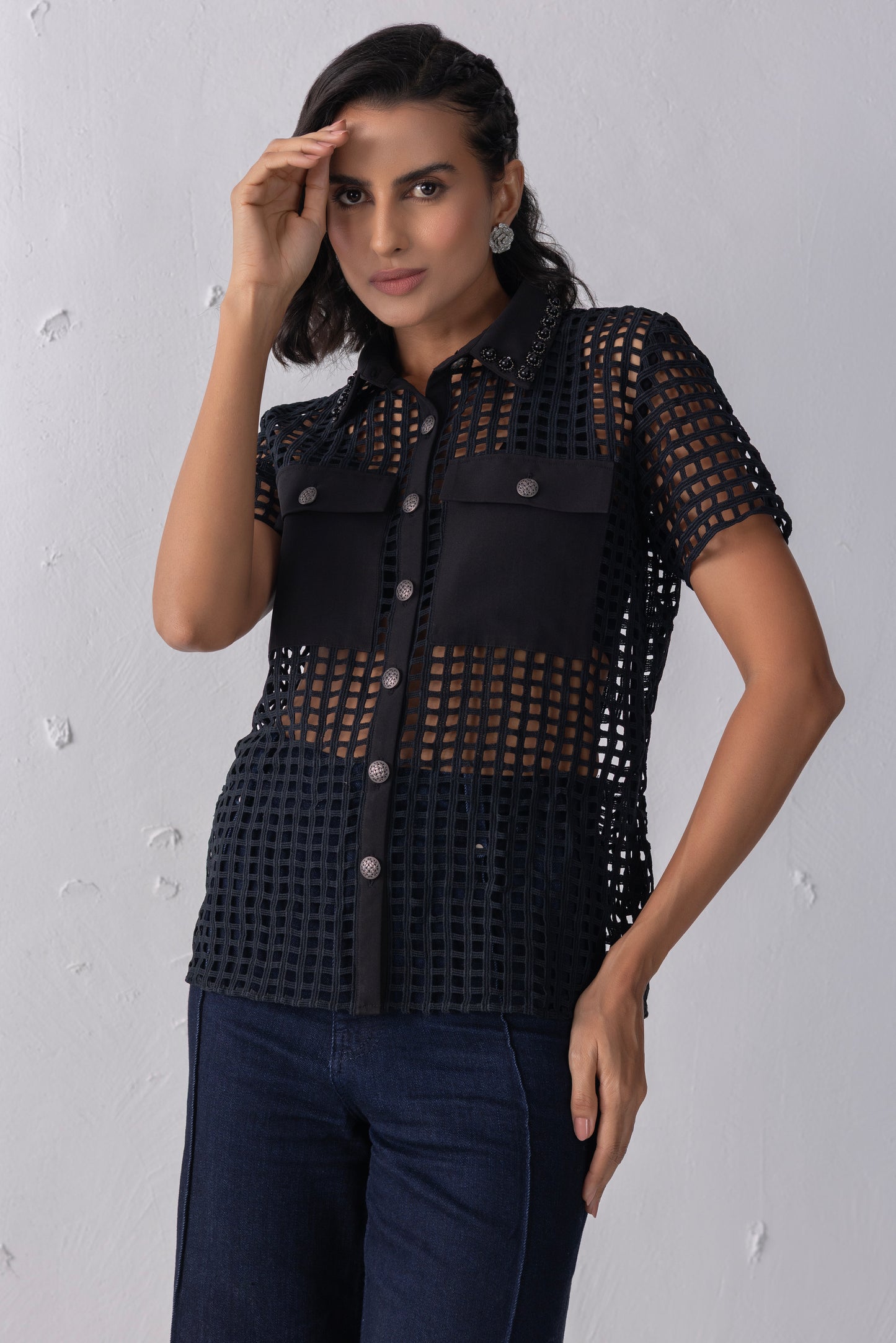 Black Mesh Crochet Shirt