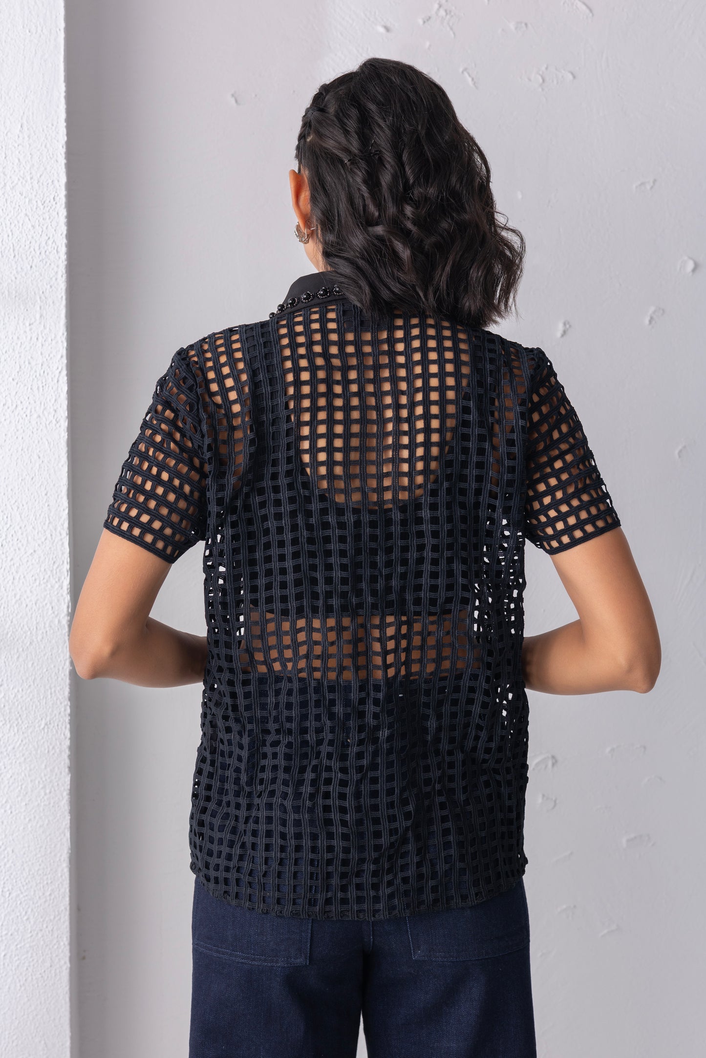 Black Mesh Crochet Shirt