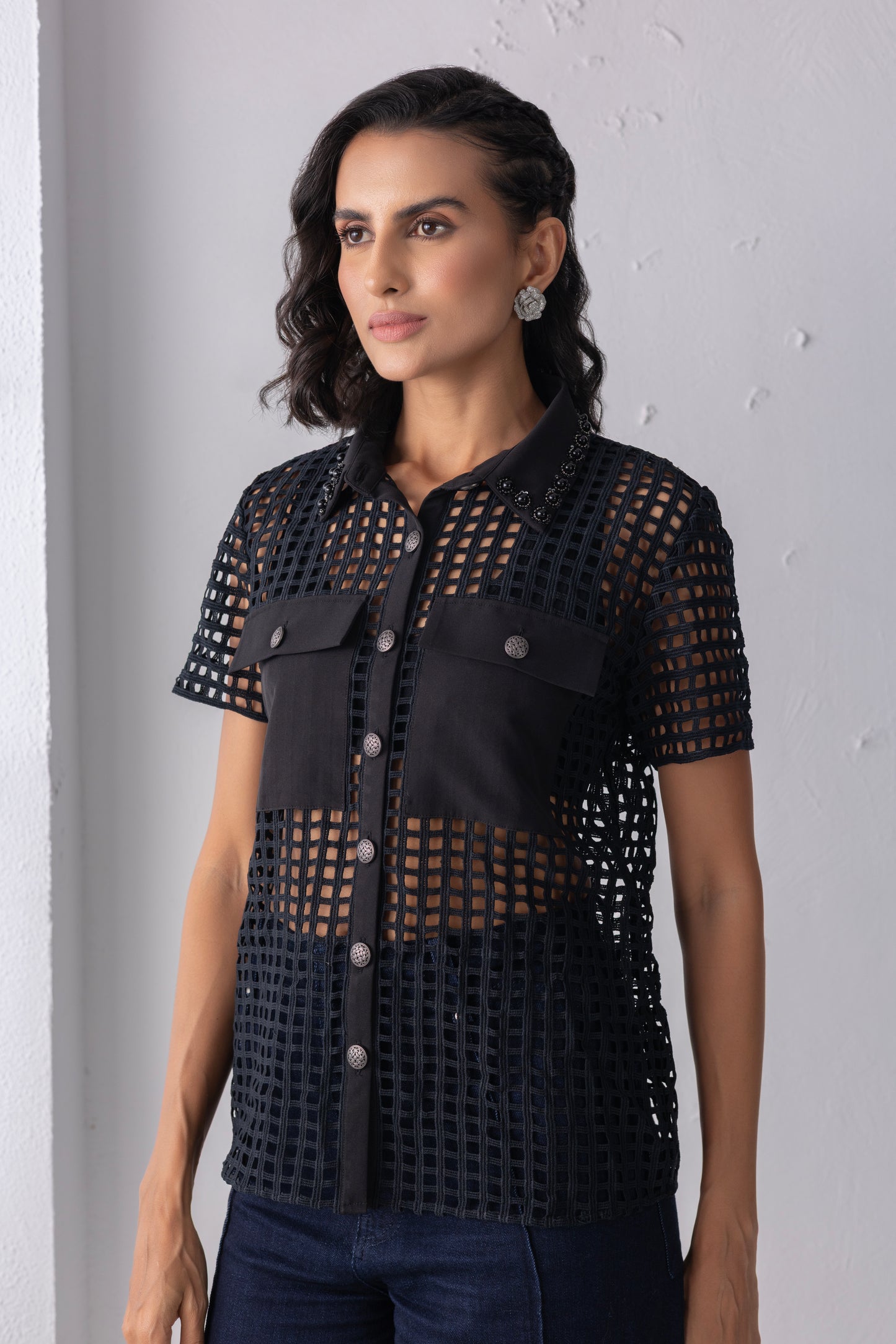 Black Mesh Crochet Shirt