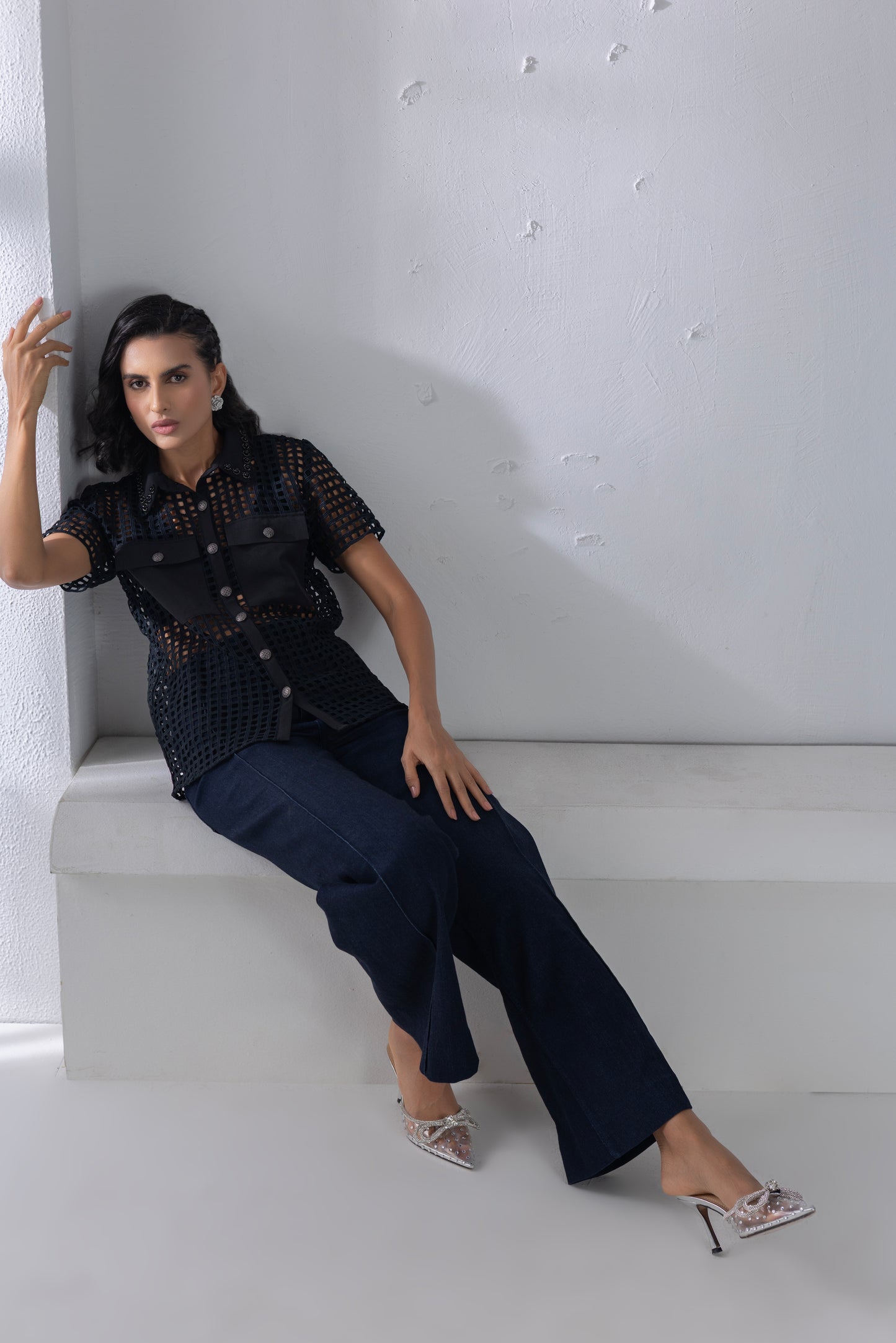 Black Mesh Crochet Shirt