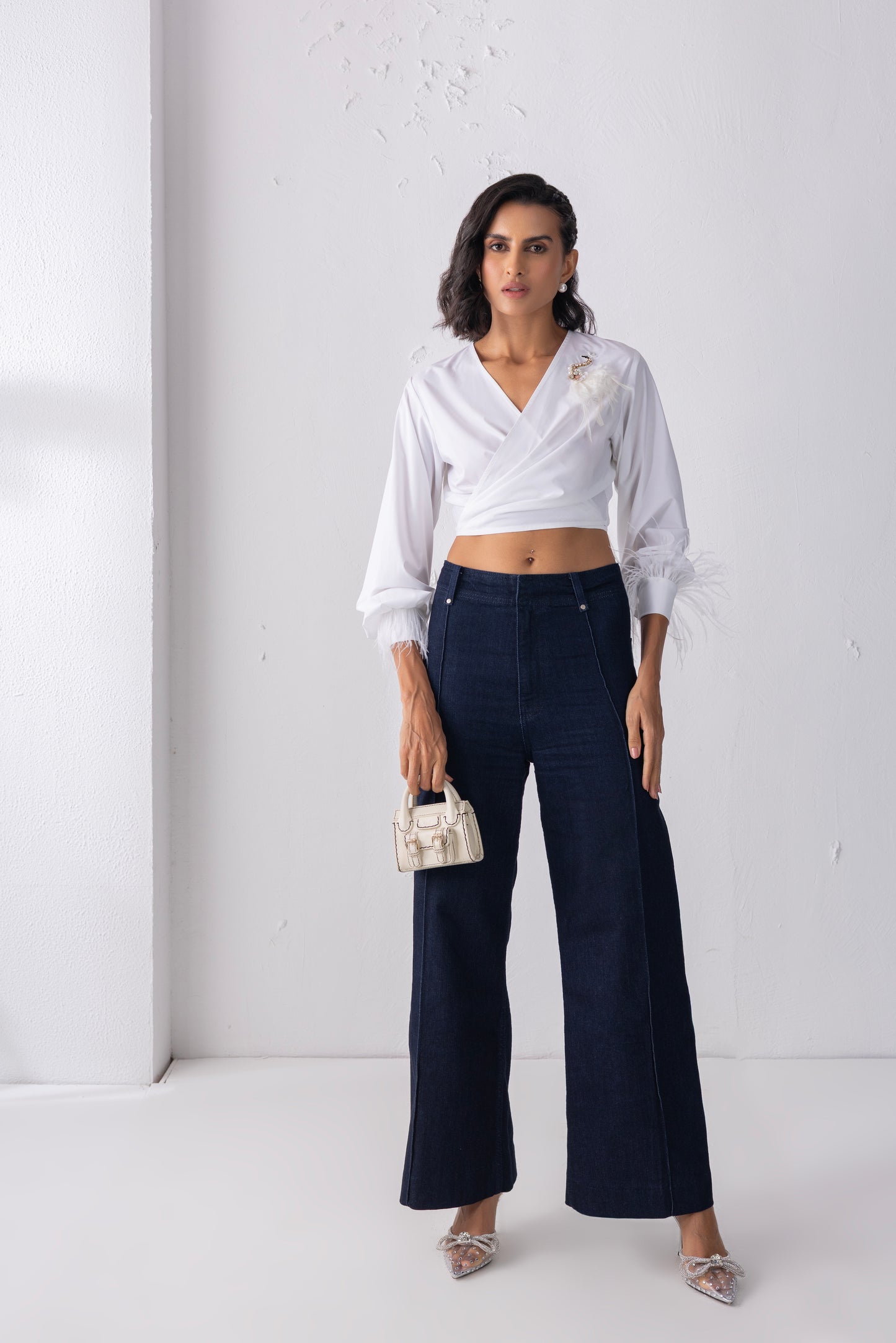 White Feathered Tie-up Shirt