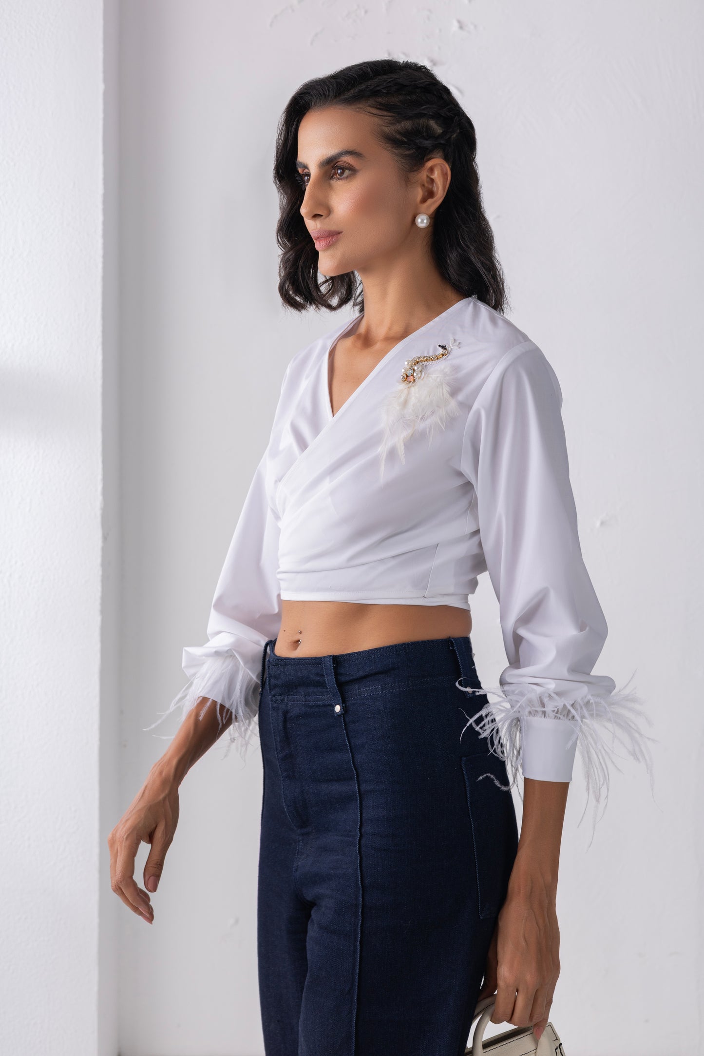 White Feathered Tie-up Shirt
