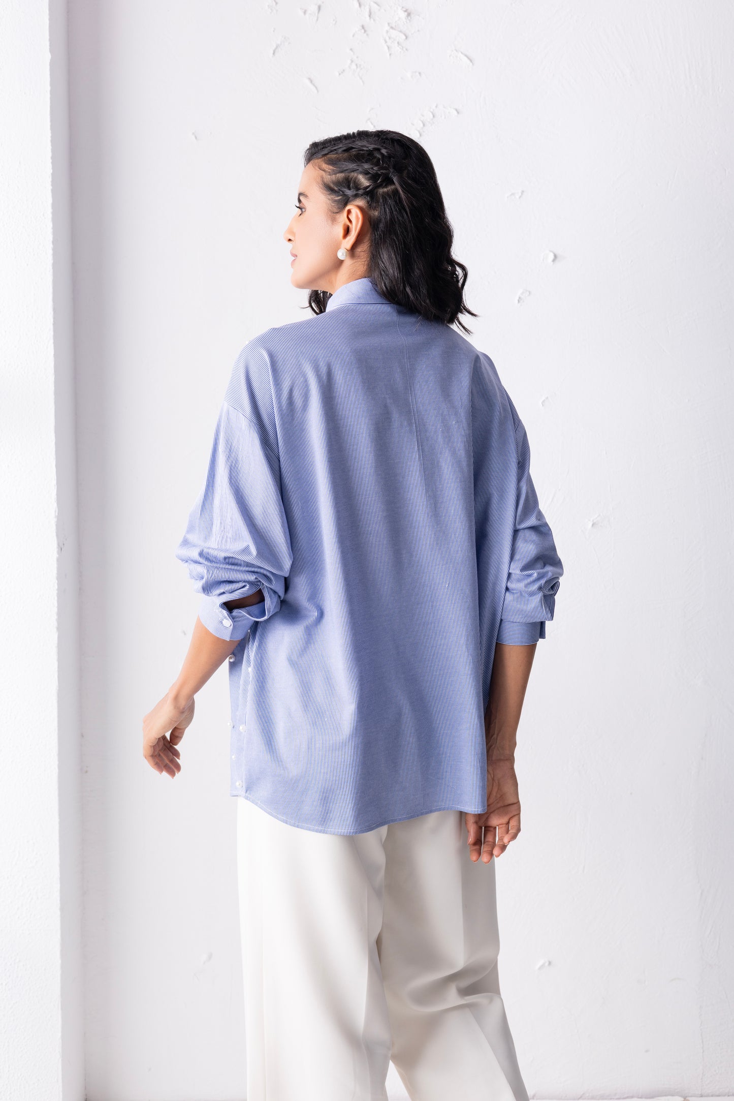 The blue tie-up pearl shirt