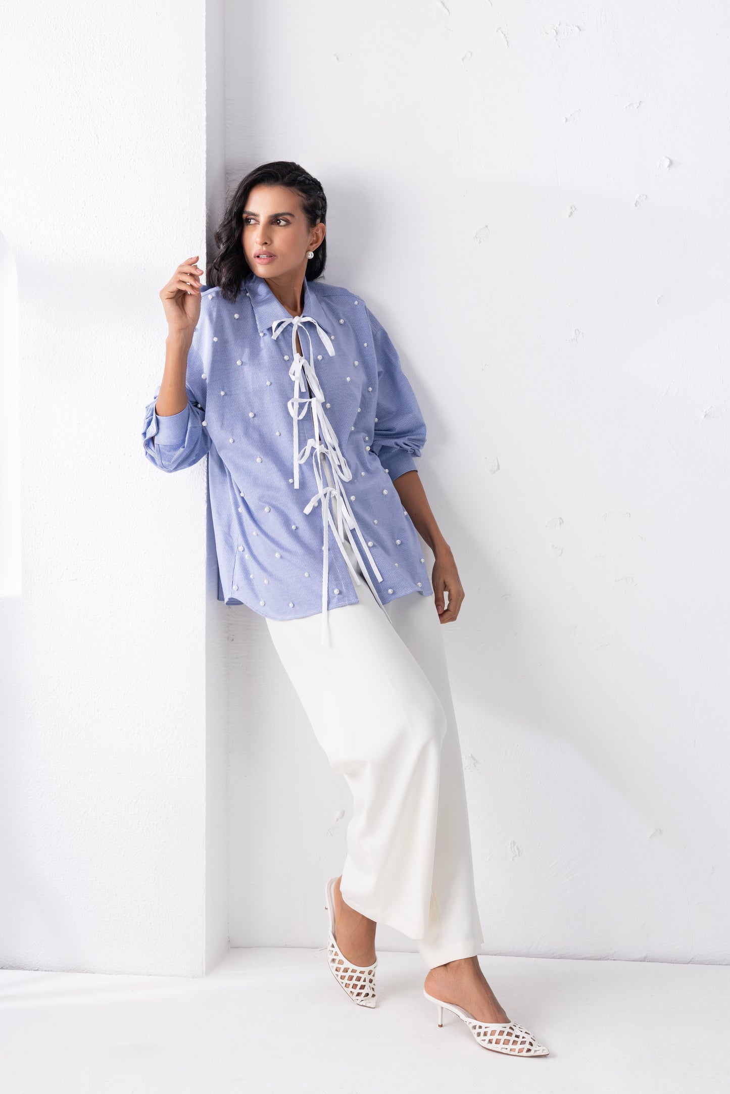 The blue tie-up pearl shirt