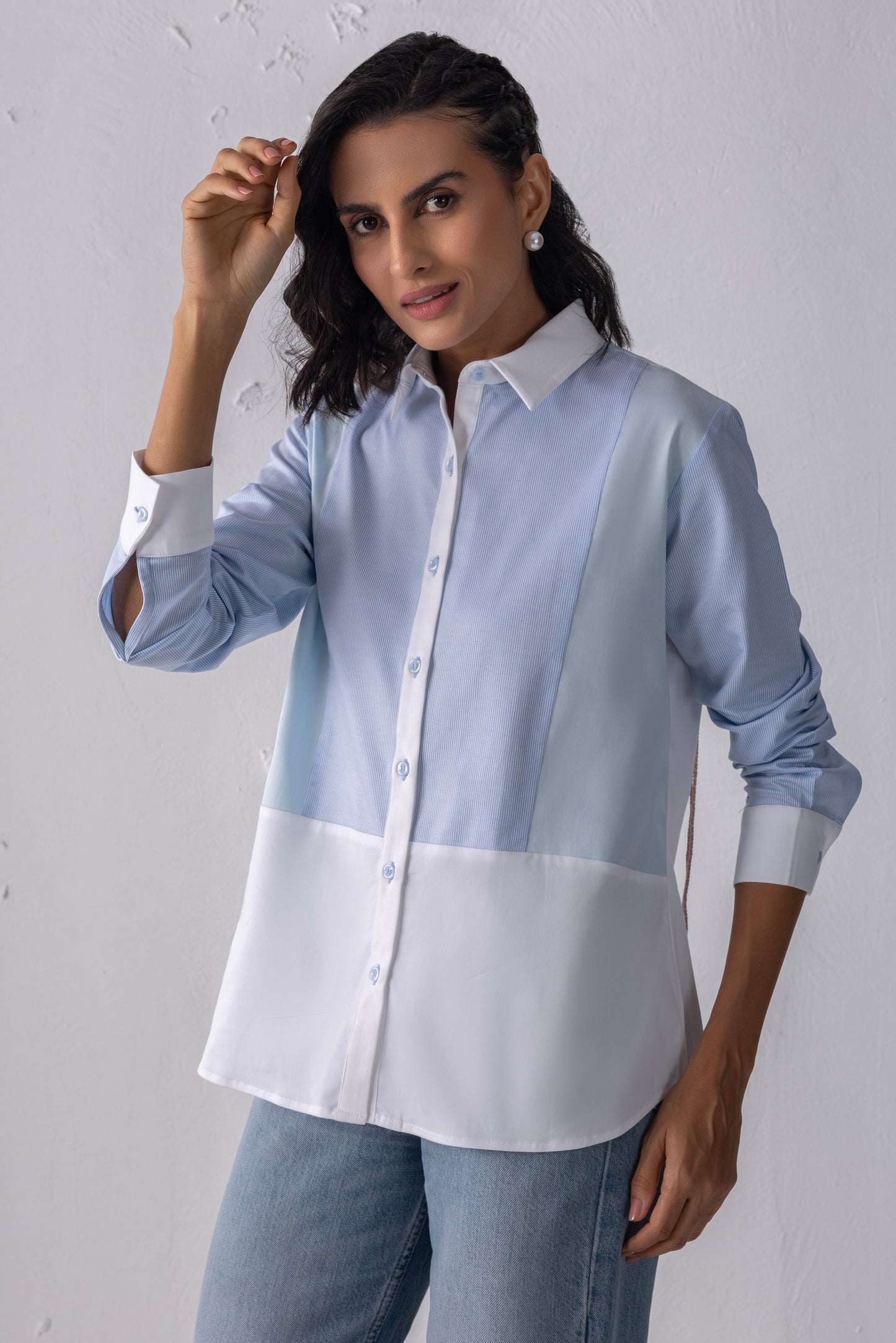 Blue Mixed Material Shirt