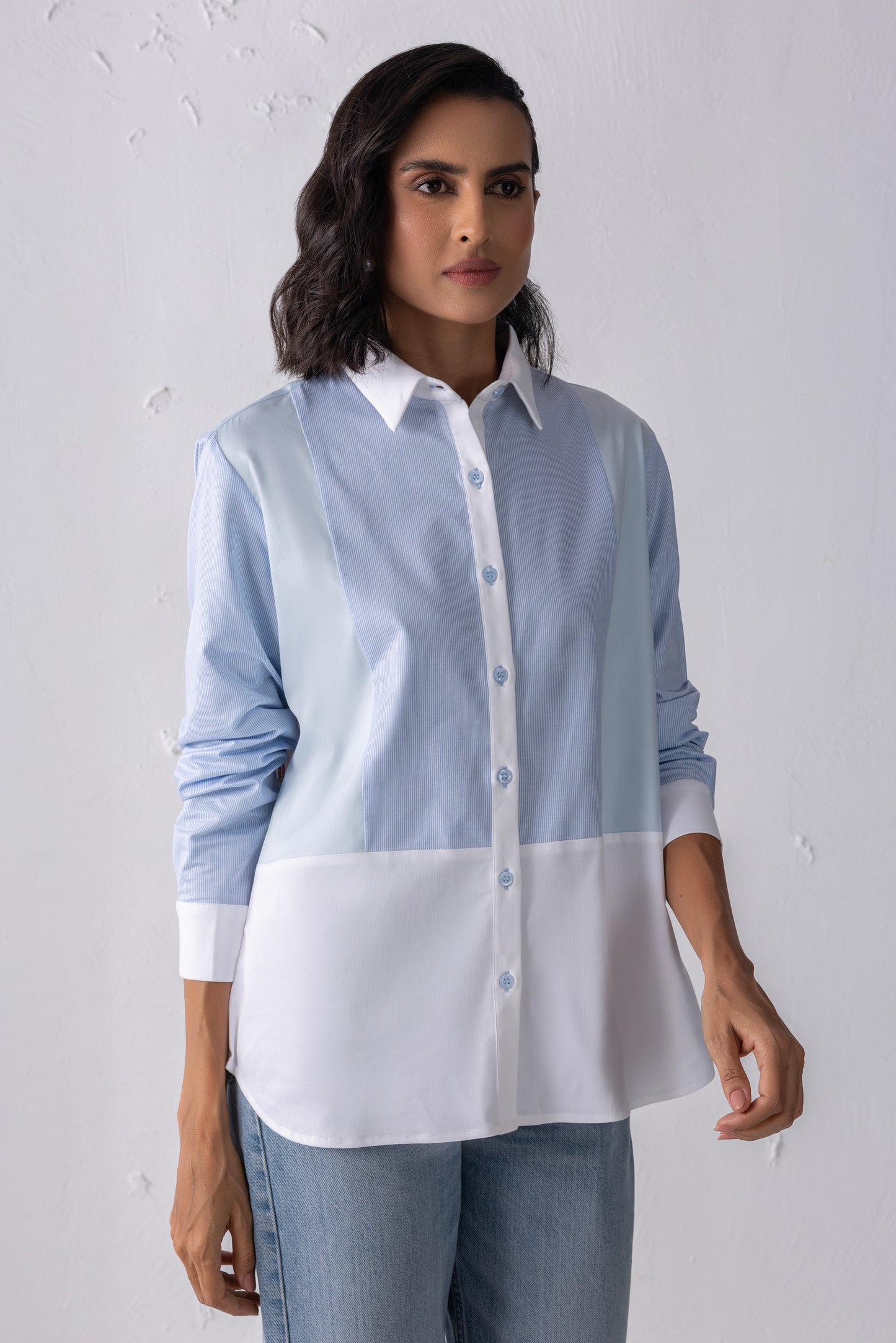 Blue Mixed Material Shirt