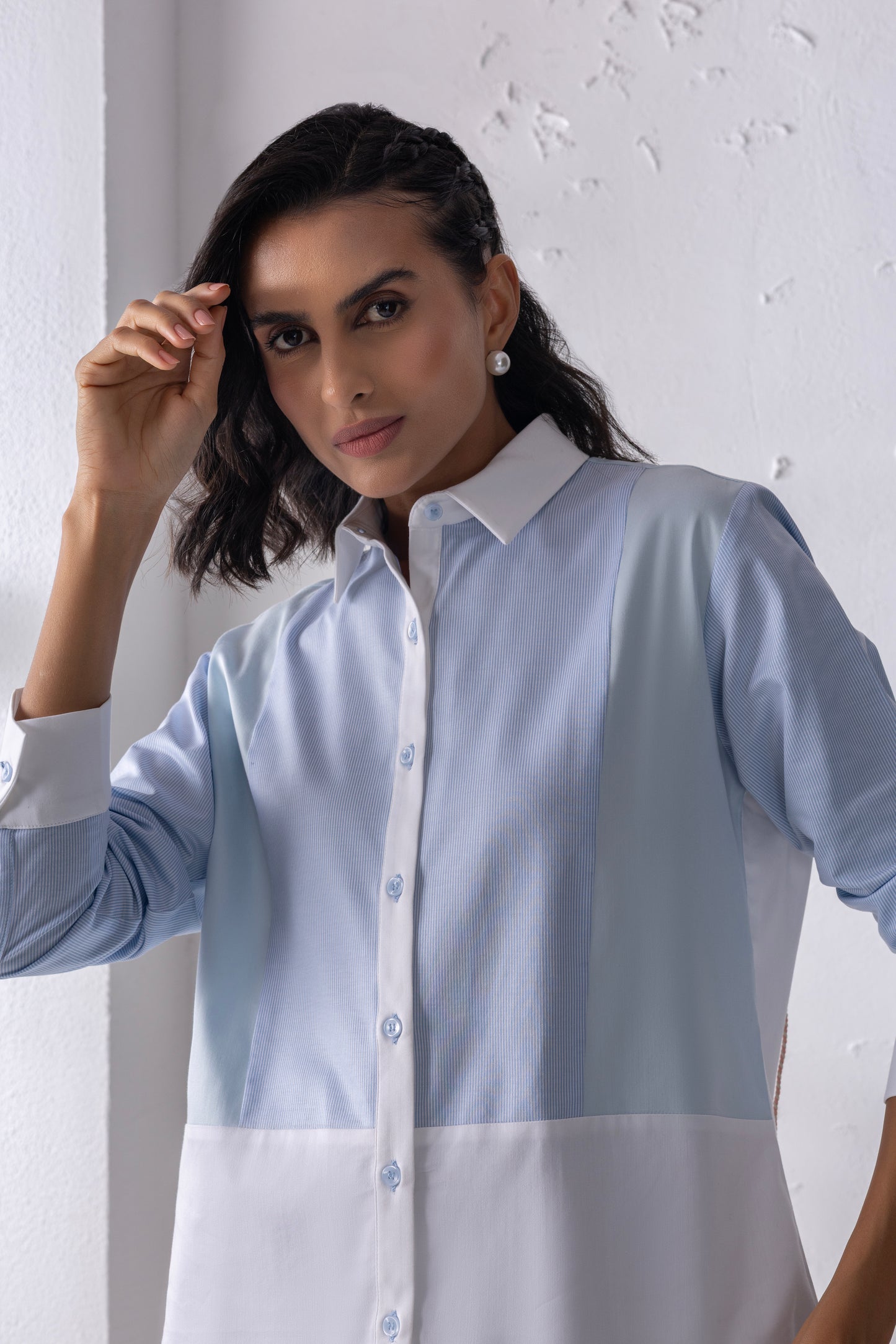 Blue Mixed Material Shirt