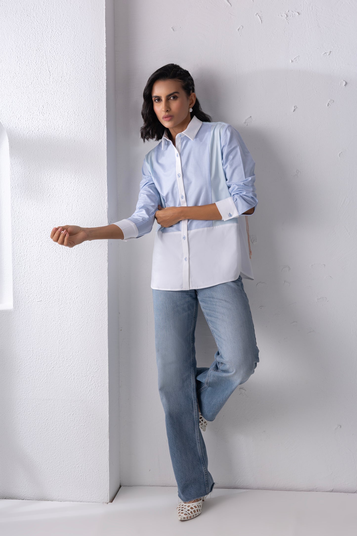 Blue Mixed Material Shirt