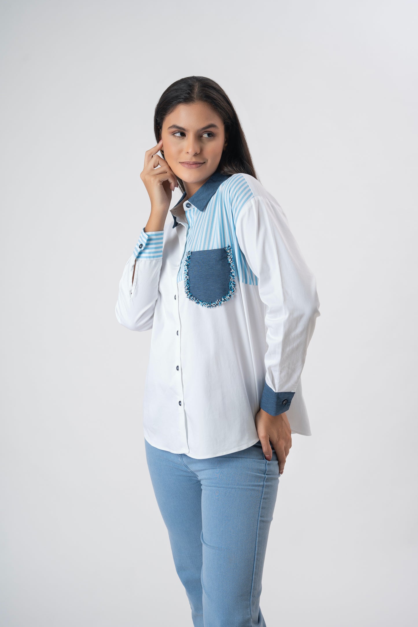 White shirt with striped patchwork