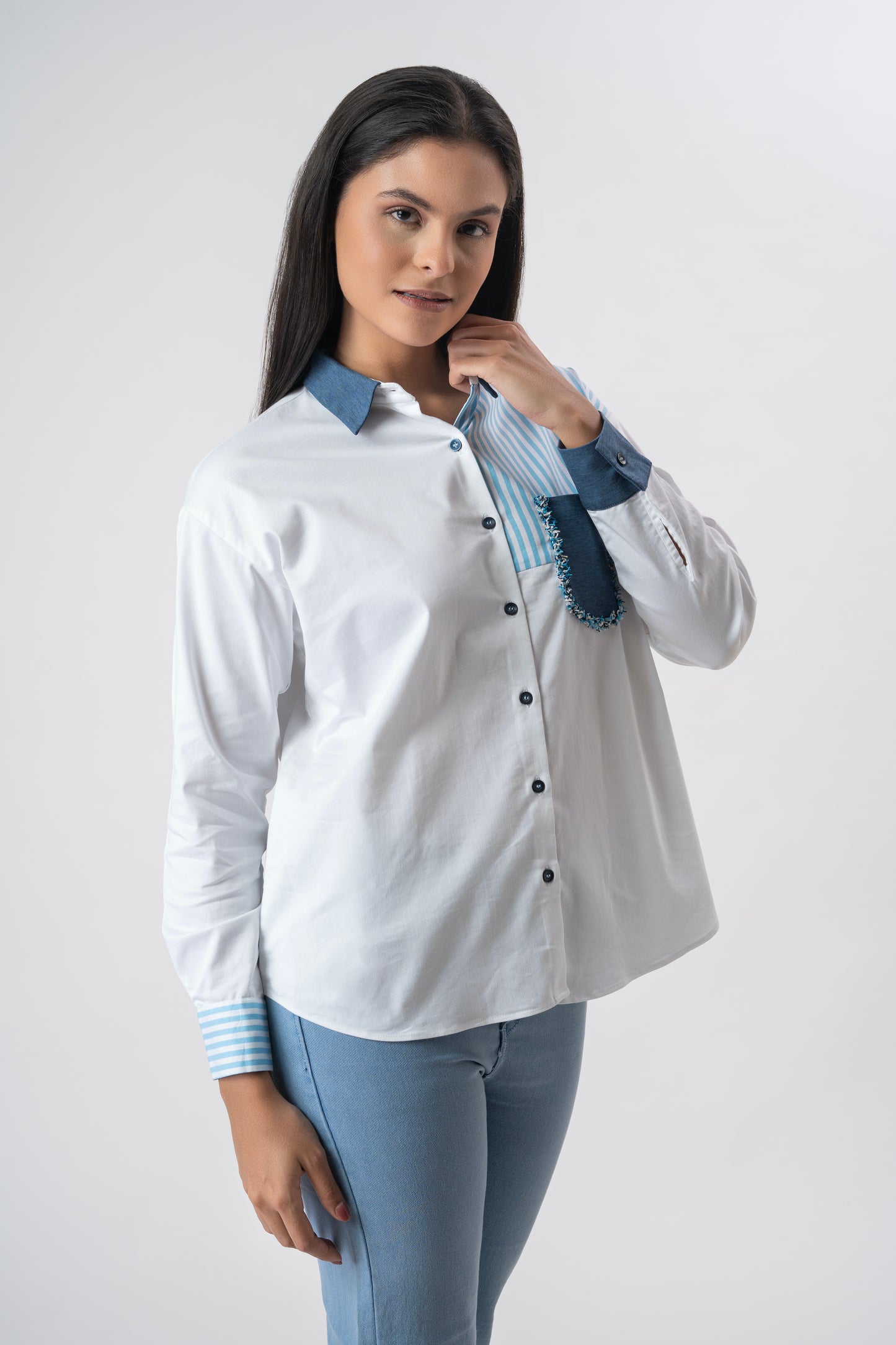 White shirt with striped patchwork