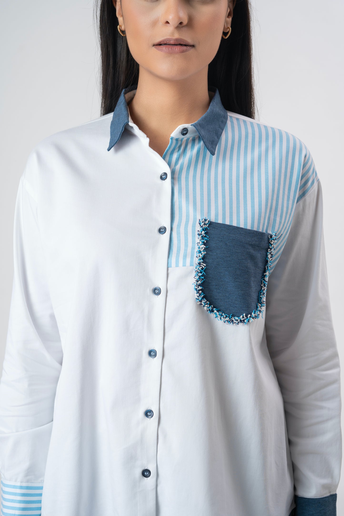 White shirt with striped patchwork