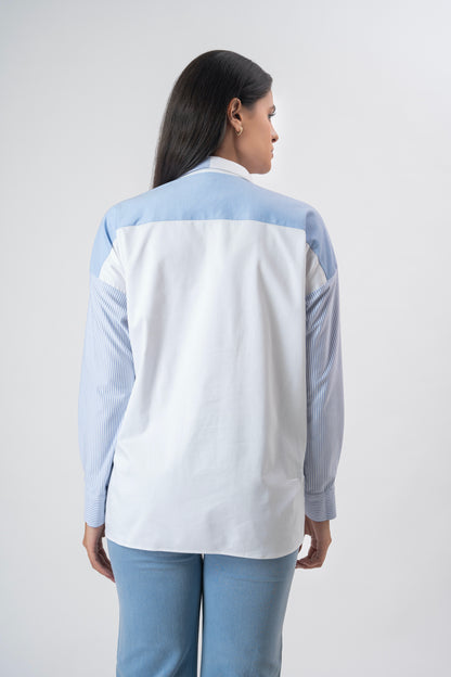 White mixed matrial shirt with flap