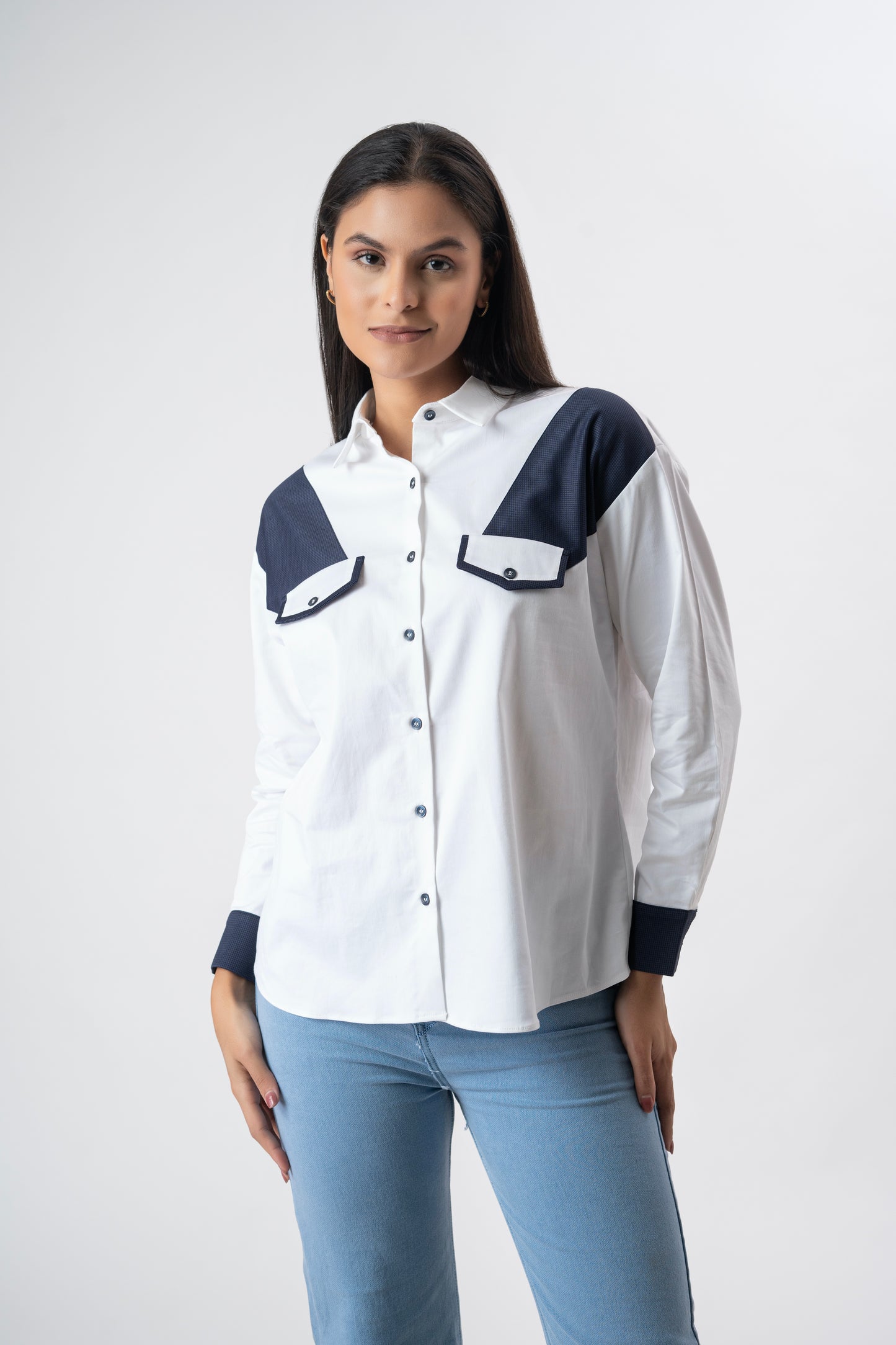 White with Navy Blue patchwork shirt