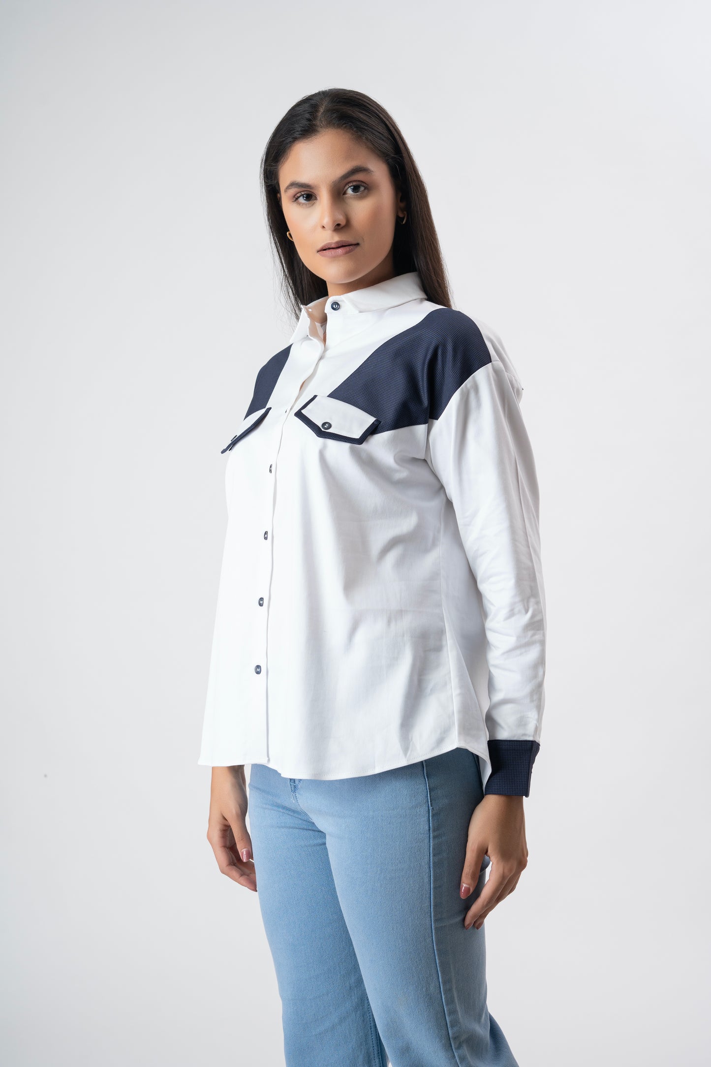 White with Navy Blue patchwork shirt