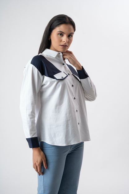 White with Navy Blue patchwork shirt