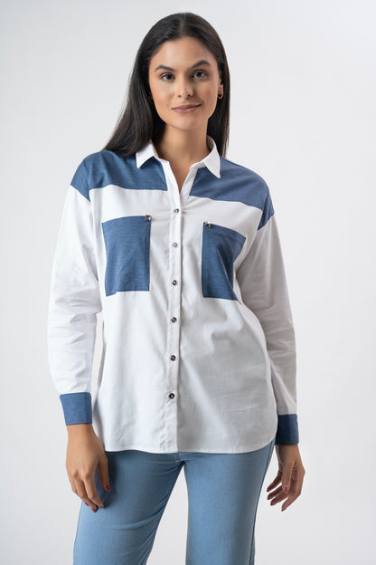 White with blue patchwork shirt