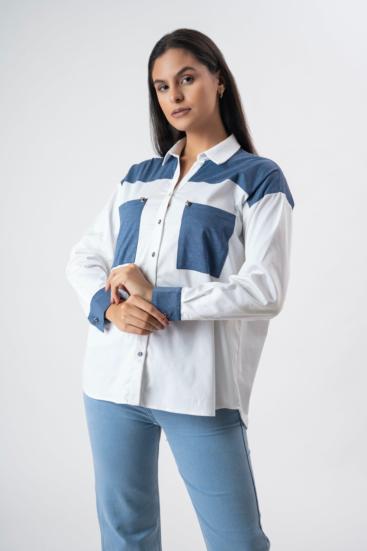 White with blue patchwork shirt