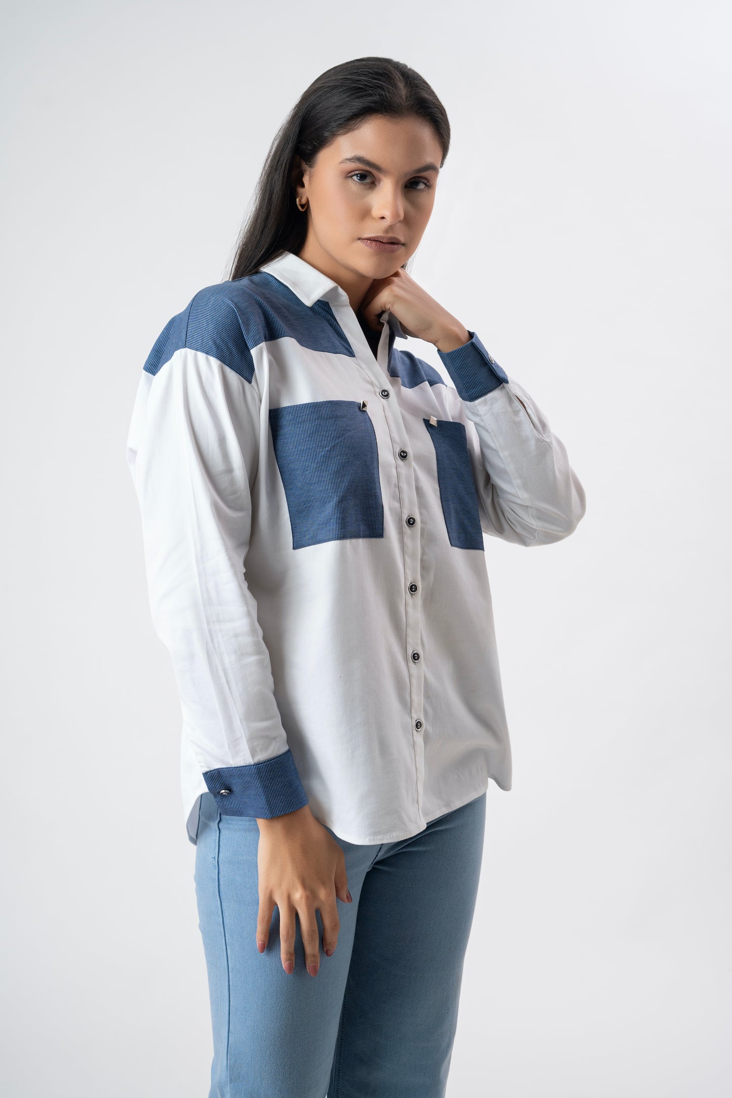 White with blue patchwork shirt