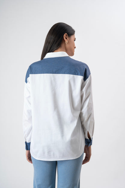 White with blue patchwork shirt