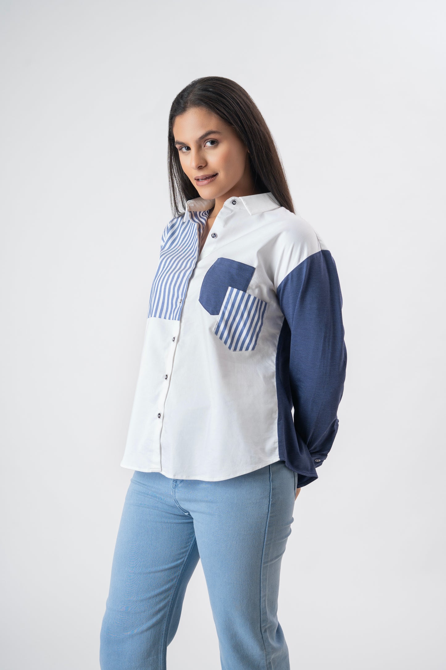 White shirt with Navy Blue & striped patchwork