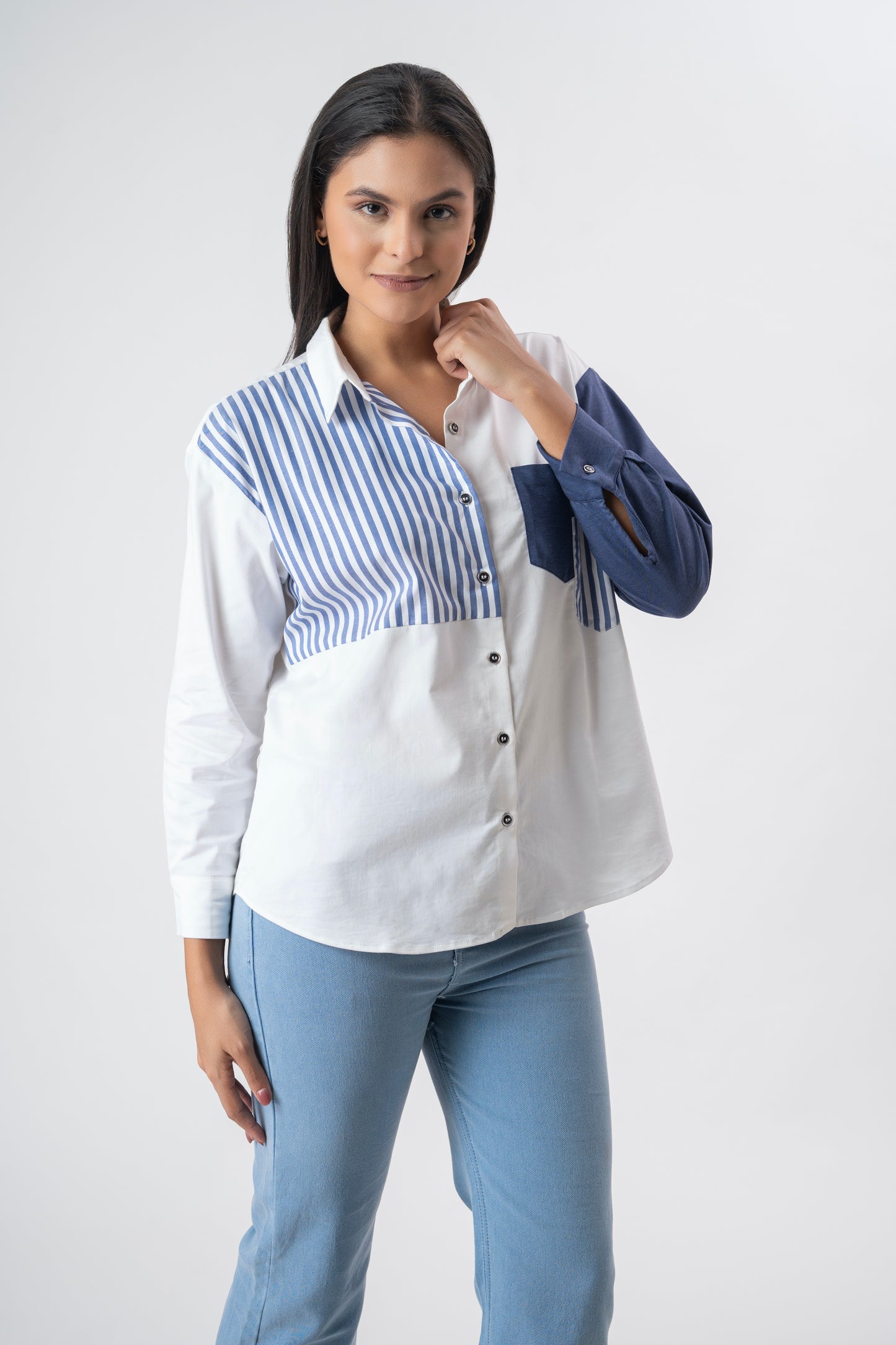 White shirt with Navy Blue & striped patchwork