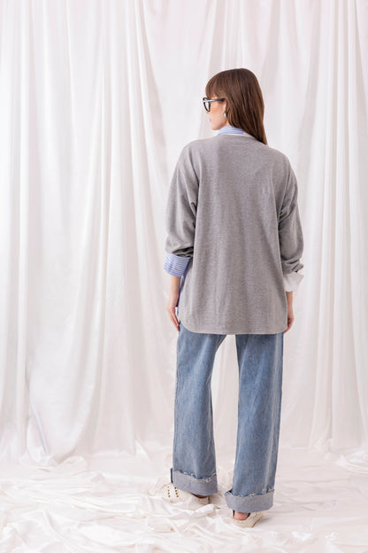 Grey Mixed Matrial Shirt with Flap