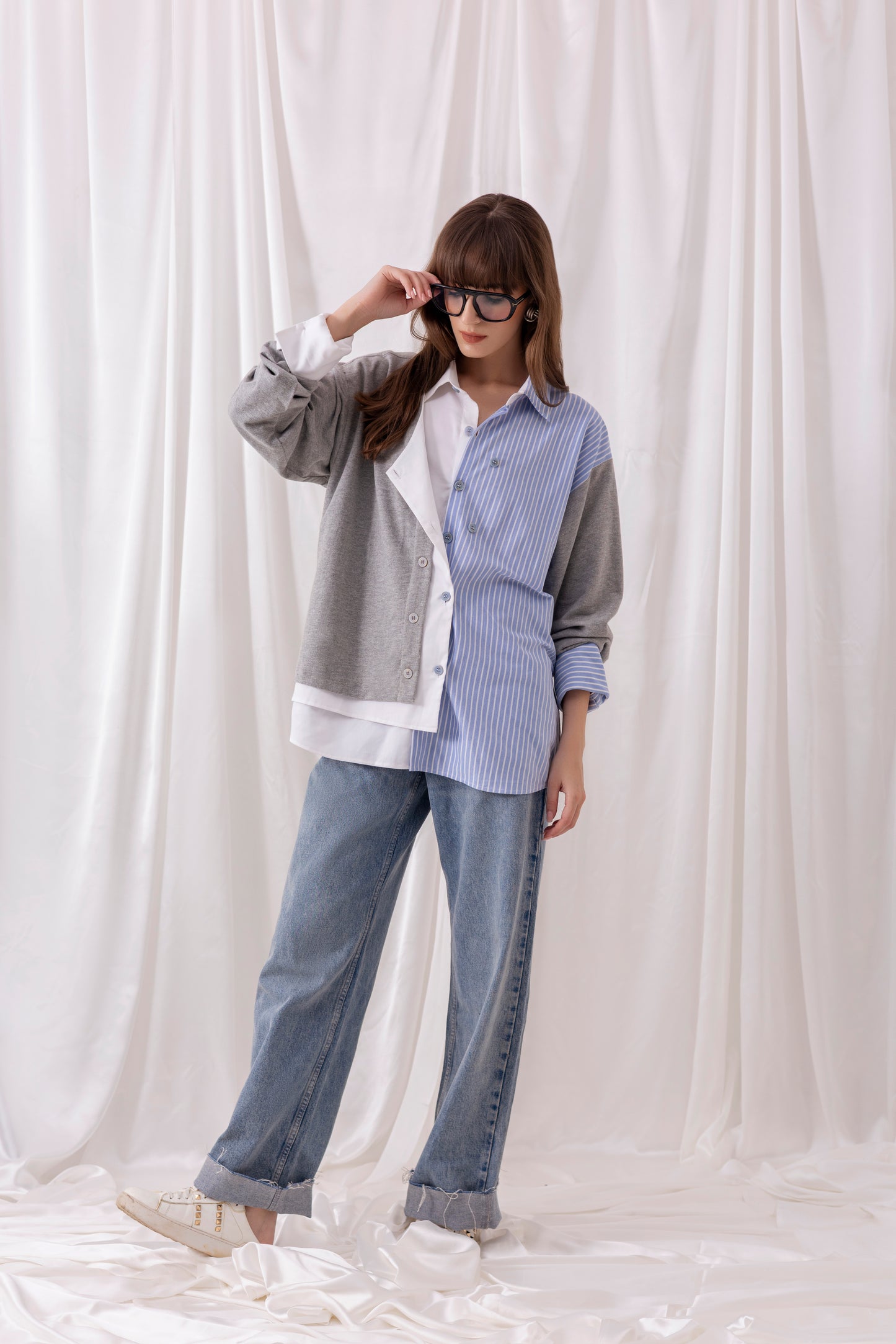Grey Mixed Matrial Shirt with Flap