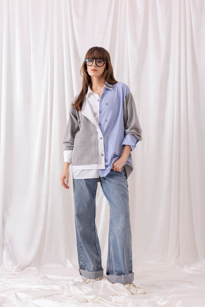 Grey Mixed Matrial Shirt with Flap