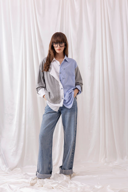 Grey Mixed Matrial Shirt with Flap