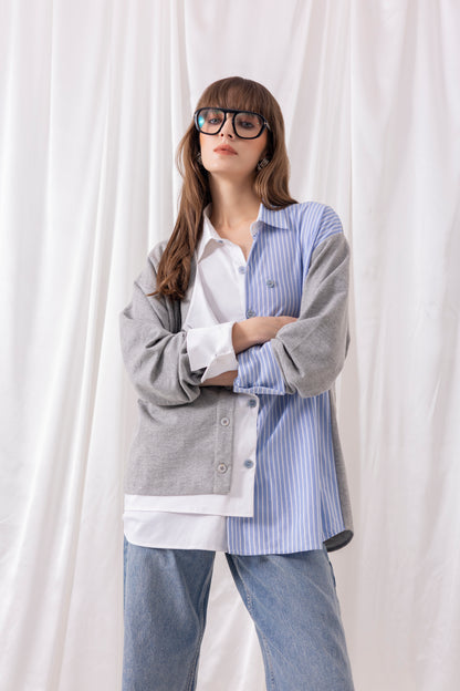 Grey Mixed Matrial Shirt with Flap