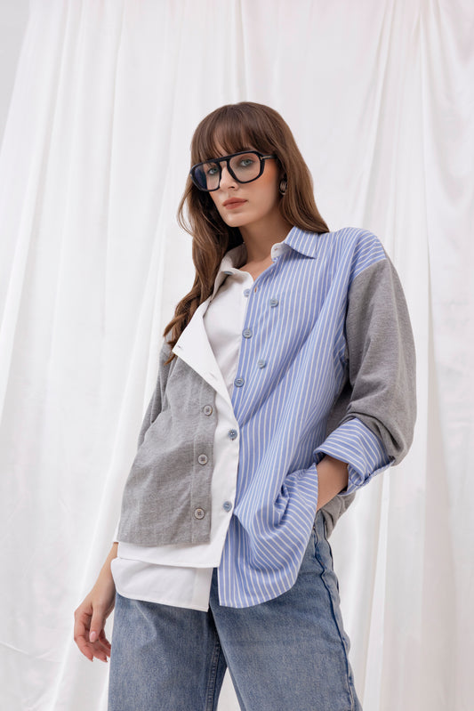 Grey Mixed Matrial Shirt with Flap