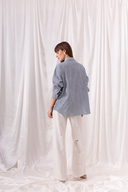 The Blue Striped Pearl Tassel Shirt