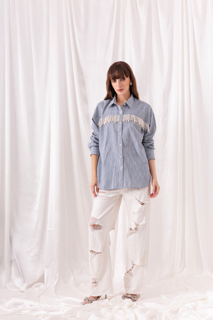 The Blue Striped Pearl Tassel Shirt