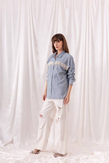 The Blue Striped Pearl Tassel Shirt