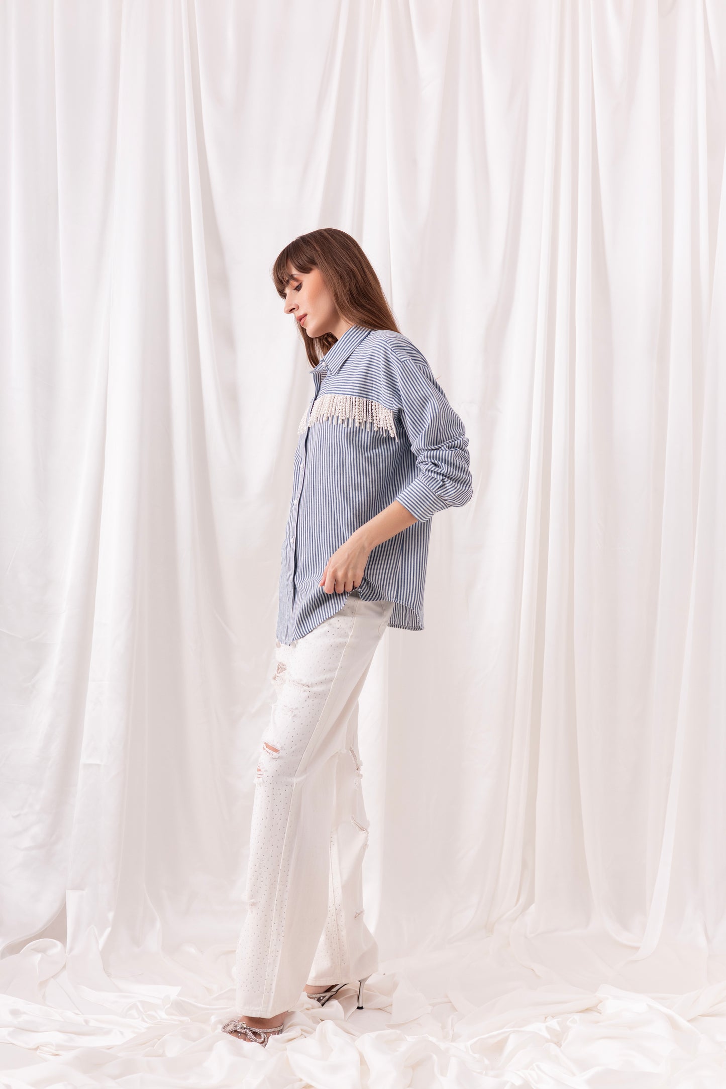 The Blue Striped Pearl Tassel Shirt