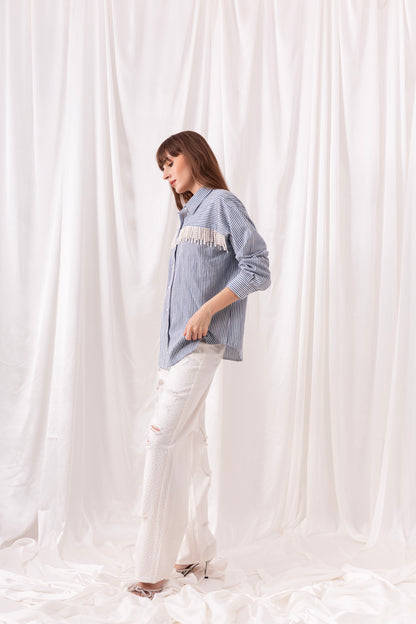 The Blue Striped Pearl Tassel Shirt