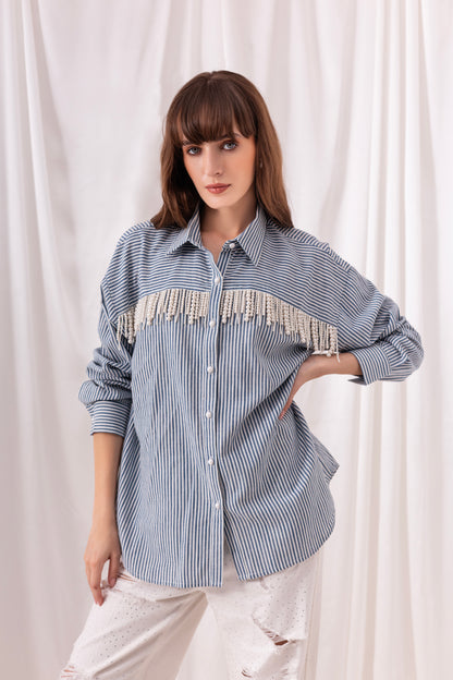The Blue Striped Pearl Tassel Shirt