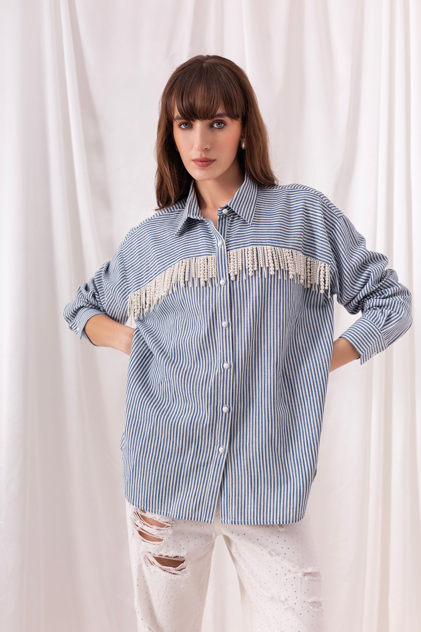 The Blue Striped Pearl Tassel Shirt