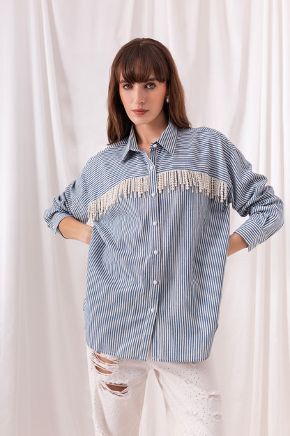The Blue Striped Pearl Tassel Shirt