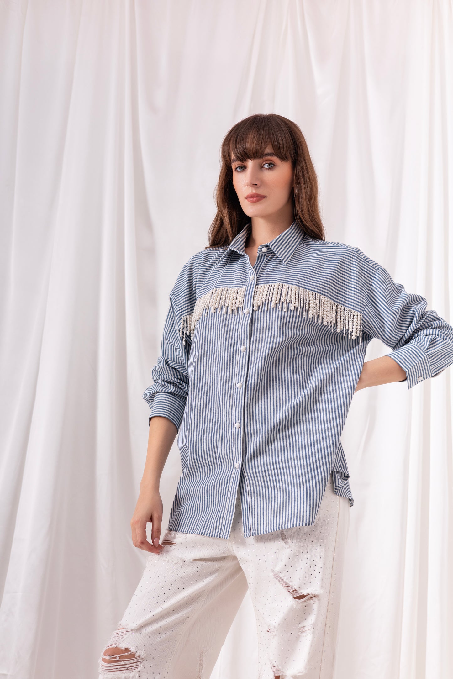 The Blue Striped Pearl Tassel Shirt
