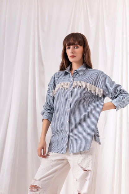 The Blue Striped Pearl Tassel Shirt
