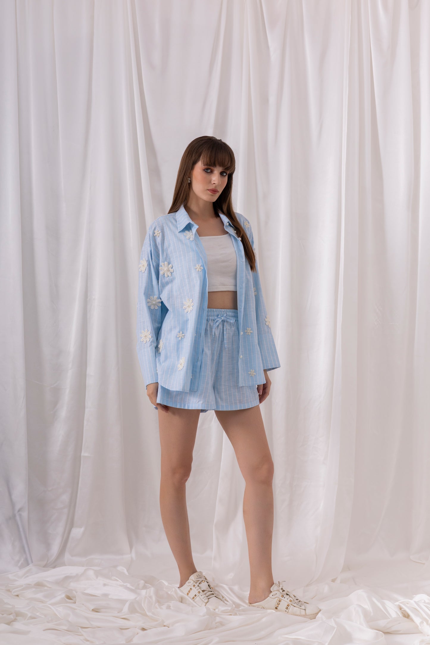 The Sky Striped Floral Shorts Set