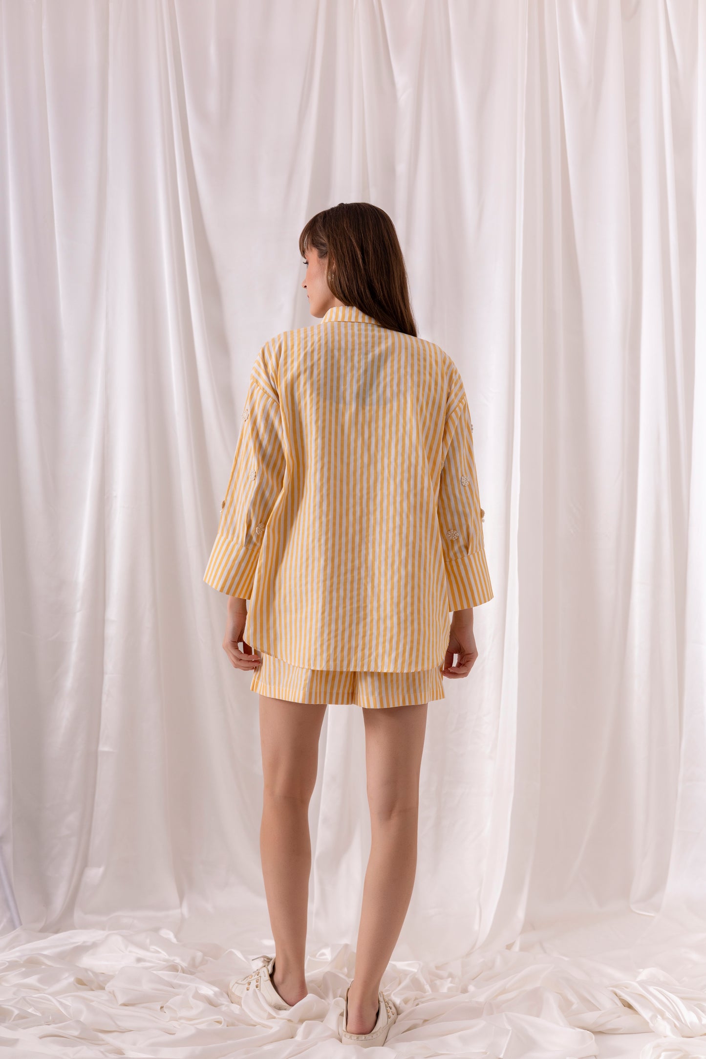 The Yellow Striped Floral Shorts Set